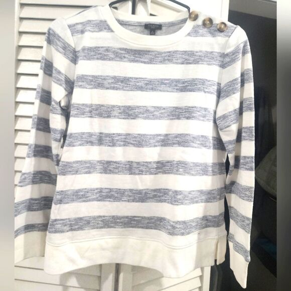 Talbots Striped White and Gray Sweater with Button Detail - Picture 1 of 4